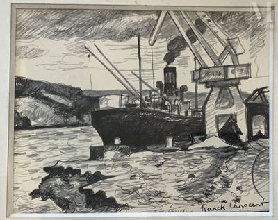 a drawing of a boat in the water by a dock