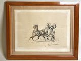 painting of two men on horses pulling a cart with a man on a horse