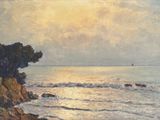 tableau représentant un coucher de soleil sur l'océan, avec un bateau au loin
