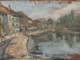 un tableau représentant un pont enjambant une rivière dans une ville