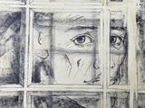 a drawing of a man looking out of a window