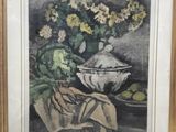 an image of a painting of flowers and fruit in a vase