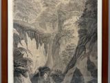 tableau représentant un paysage de montagne avec une cascade au premier plan