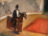 une image représentant un tableau où l'on voit un homme à cheval dans un manège
