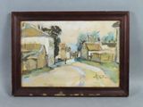 an oil painting of a street with houses and trees in the background