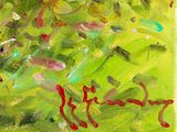 an oil painting of a green field with flowers and birds