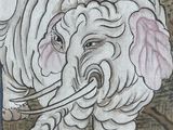 a painting of an elephant with a long tusk on it ' s head