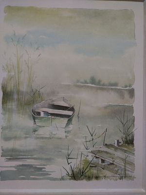 a picture of a painting of a boat in the water