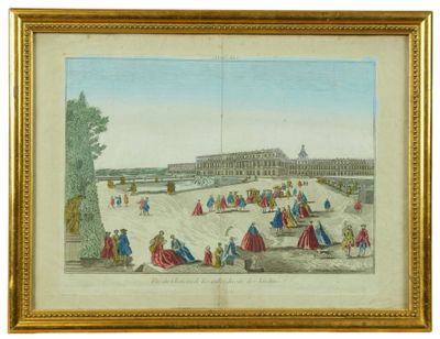 une vieille peinture représentant un grand bâtiment entouré de nombreuses personnes