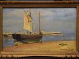 an oil painting of a boat on a beach near a body of water