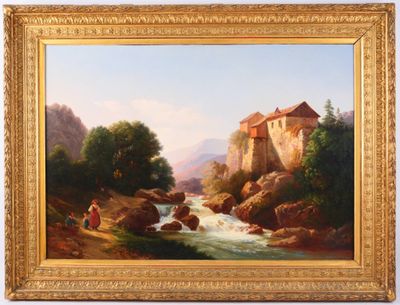 une peinture à l'huile représentant un paysage fluvial avec un château en arrière-plan