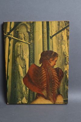 the back of a book with a painting of a woman in a red dress