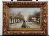 an oil painting of a snowy road with people walking down it