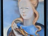 a painting of a woman holding a bowl in her hands