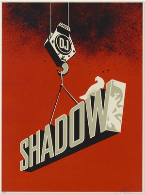 a red poster with a crane holding a sign that says shadow