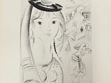 drawing of a woman with a hat on her head in front of a group of people