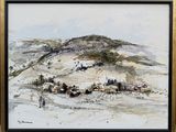 une peinture à l'huile représentant un paysage enneigé avec une montagne en arrière-plan