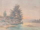 a painting of a man fishing on a river