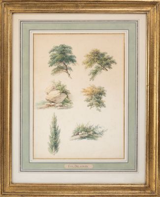 une image représentant un tableau représentant des arbres et des buissons, dans un cadre doré
