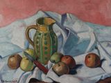 un tableau représentant un pichet et des pommes posés sur une table