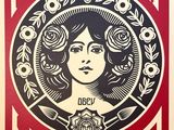 poster of a woman holding a rose in front of a red background with the words make art not war