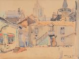 une aquarelle représentant une scène de rue avec une tour horloge en arrière-plan