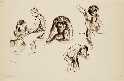 dessin représentant un groupe de singes assis sur des tabourets dans différentes poses