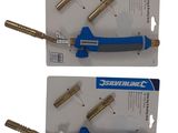 two blue and gold hoses with brass fittings on them