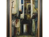 un tableau représentant un vieux bâtiment avec une porte au milieu