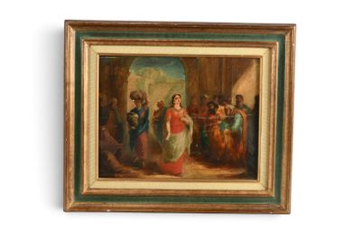 une peinture à l'huile représentant une femme en robe rouge debout à côté d'un groupe de personnes