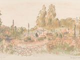 drawing of a landscape with trees, bushes, and a bridge