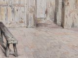 a painting of a wooden bench in a room