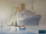 a painting of a boat in the water with a large ship in the background