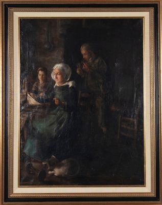 un tableau représentant une femme en train de lire un livre devant un groupe de personnes