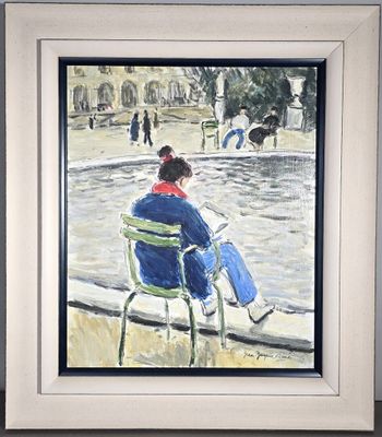 tableau représentant une femme assise sur une chaise dans un parc