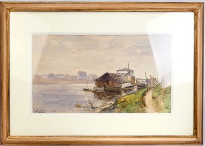tableau représentant un bateau sur une rivière, avec une ville en arrière-plan