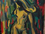 une peinture à l'huile représentant une femme debout devant un tableau