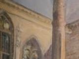 une image d'une peinture d'un bâtiment avec une horloge dessus