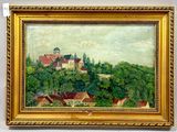 an image of a painting of a village on a hill