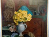 a painting of a vase of flowers on a table