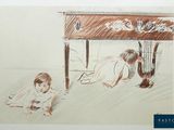 drawing of a child playing with a cat under a table