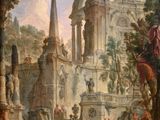 an image of a painting of a city with a fountain in the foreground