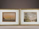 two framed paintings of horses in a landscape on a mantle
