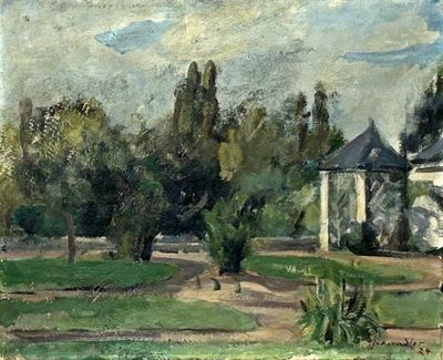 une peinture d'une maison au milieu d'un champ