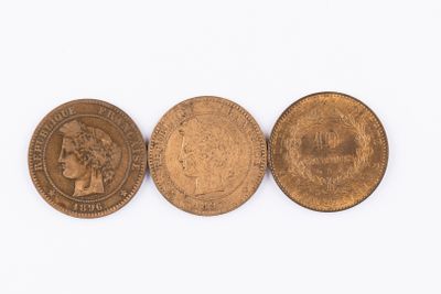 Monnaies - France - Lot de 3 x 10 Centimes Cérès en bronze :…