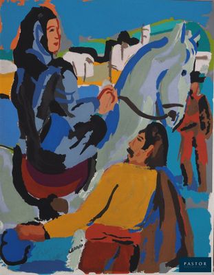 un tableau représentant un homme à cheval aux côtés d'une femme