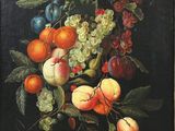 painting of a bunch of fruit on a black background with a bow