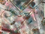 abstract painting of a pink, blue, and white painting with a red stripe