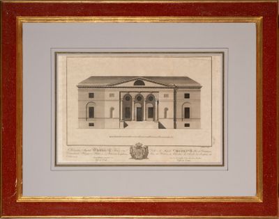 un vieux dessin représentant un bâtiment devant lequel se trouve un cadre rouge