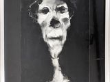 black and white painting of a woman with a hat on her head